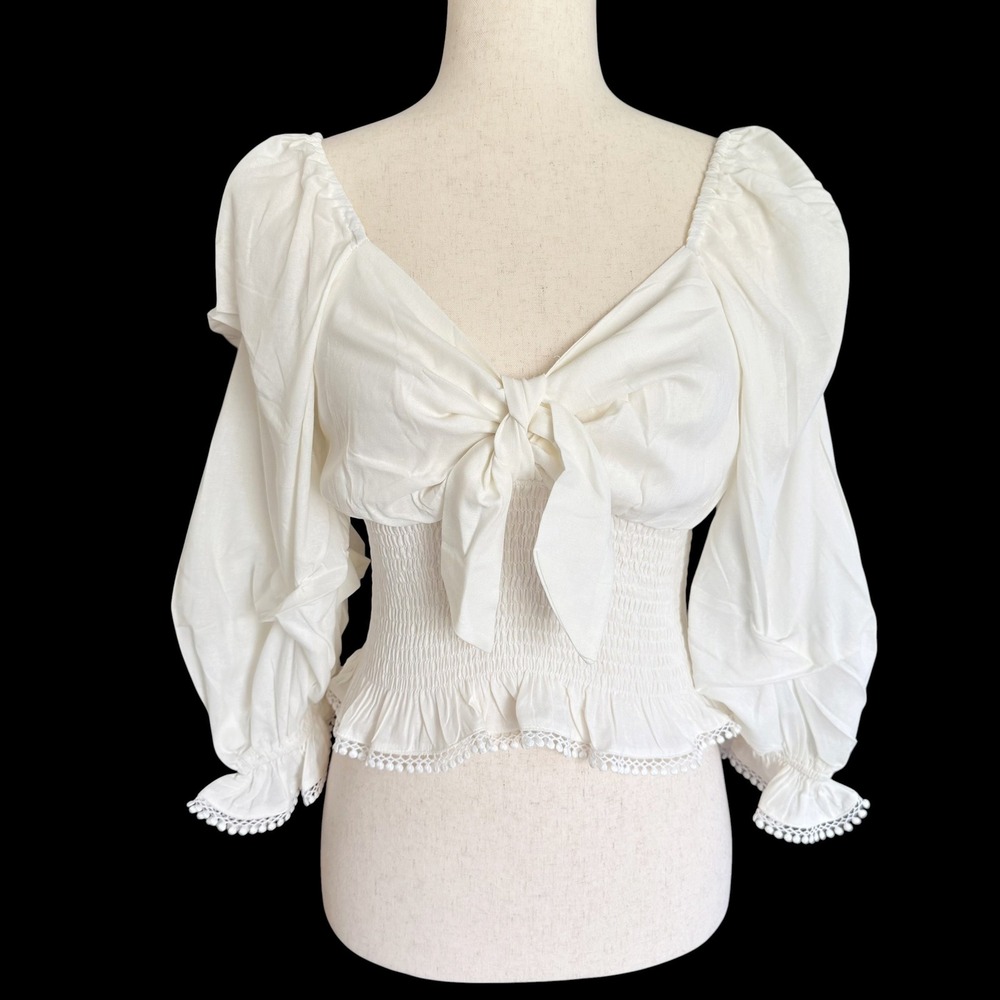 Linen Blend Smocked Tie Puff Sleeve Peasant Top S Victorian milkmaid poetic NWOT